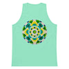 a mint green tank top with original circular mandala artwork in green, turquoise and yellow.