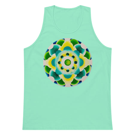 a mint green tank top with original circular mandala artwork in green, turquoise and yellow.