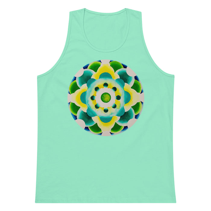 a mint green tank top with original circular mandala artwork in green, turquoise and yellow.