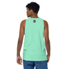 man wearing a a mint green tank top with original circular mandala artwork in green, turquoise and yellow. and bardo kid logo on back