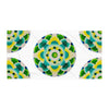 beach towel with a bright nested circle based mandala made up of radiating greens, turquoises, yellow, and blues, resembling a molecule or a dimensional portal.jpg