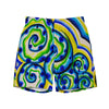 shorts with an all over print of watercolor circular art in greens and blues