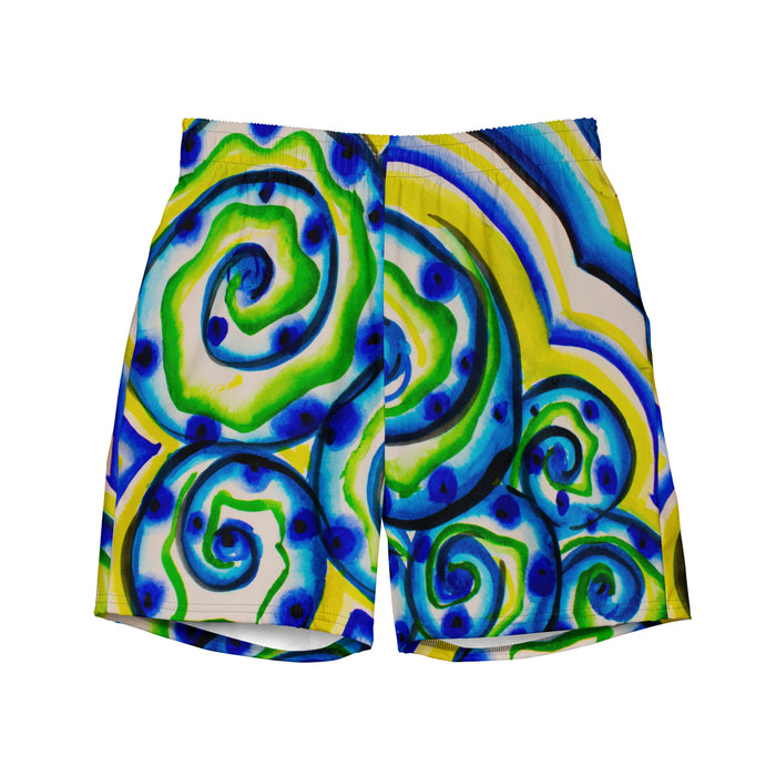 shorts with an all over print of watercolor circular art in greens and blues