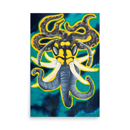 An organism made up of a wasp head, snake bodies, elephant tusks, and elephant trunks in front of stormy turquoise clouds.