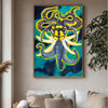 painting of an organism made up of a wasp head, snake bodies, elephant tusks, and elephant trunks in front of stormy turquoise clouds framed above a couch