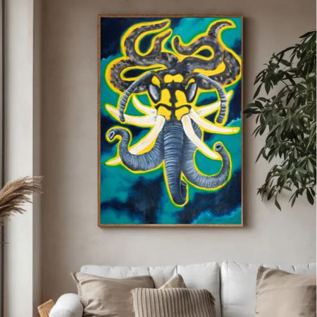 painting of an organism made up of a wasp head, snake bodies, elephant tusks, and elephant trunks in front of stormy turquoise clouds framed above a couch