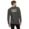 A man wearing a dark gray long-sleeve crewneck sweatshirt, viewed from the back. The sweatshirt features a graphic print on the upper back with the 'BARDO KID' logo n white block letters above a colorful rectangular illustration. of a young boys face