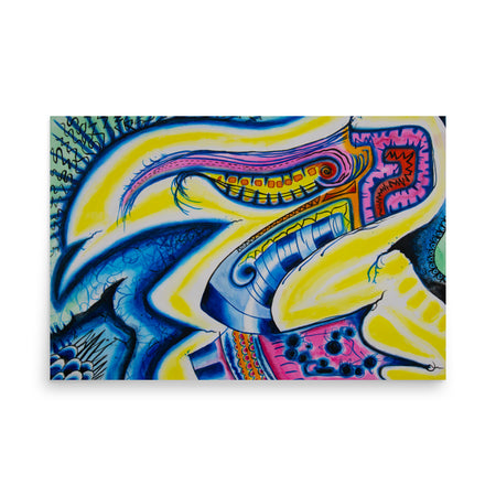 archival fine art print of an abstract pelican head in a psychedelic, mechanical neon, multicolored style 24"x36"