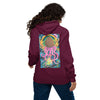 A woman viewed from behind wearing a maroon hoodie with a large, colorful graphic print on the back featuring a psychedelic pine cone with tentacles, paired with blue jeans against a white background.