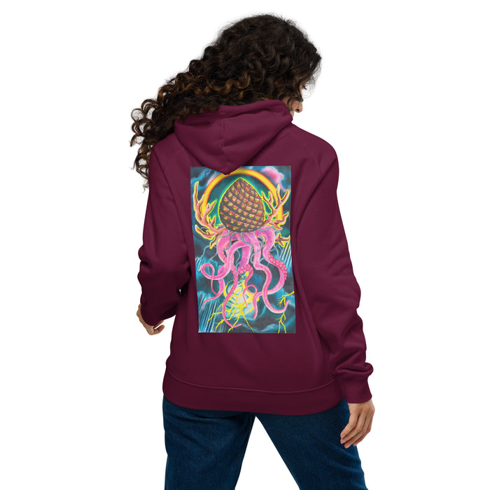 A woman viewed from behind wearing a maroon hoodie with a large, colorful graphic print on the back featuring a psychedelic pine cone with tentacles, paired with blue jeans against a white background.