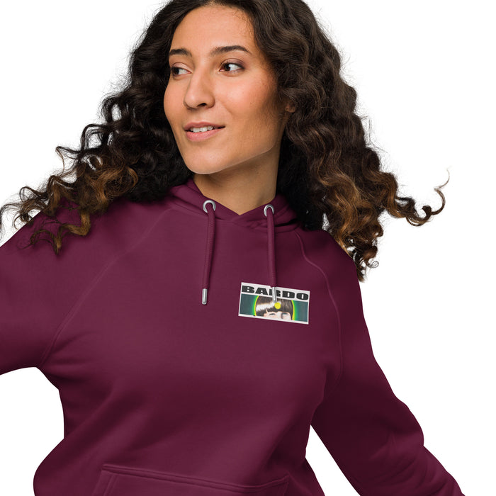 Woman wearing a maroon hoodie with a bardo kid logo on the chest a white background