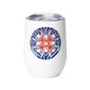 white stainless steel wine tumbler with an abstract floral mandala in reds and blues
