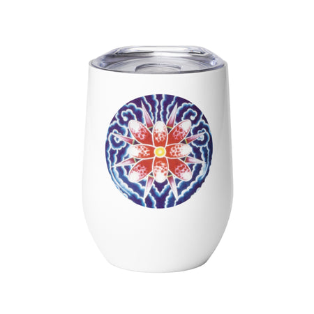 white stainless steel wine tumbler with an abstract floral mandala in reds and blues