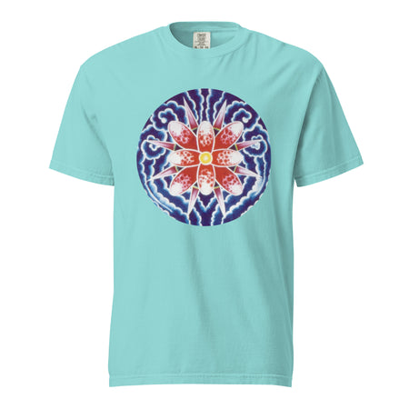  aqua t- shirt with the Bardo Kid logo on the upper middle back and a psychedelic flower design in reds, blues, and oranges on front.