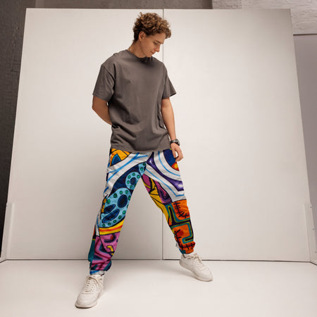 A man modeling colorful patterned jogger pants with a dark gray t-shirt and white sneakers, standing in front of a white studio backdrop.