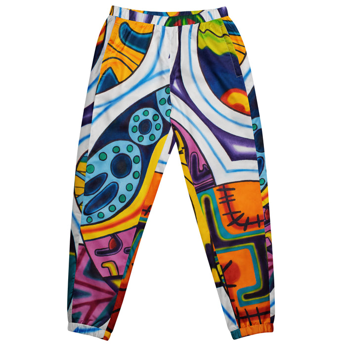 soft track pants with all over geometric abstract, psychedelic colorful designs.