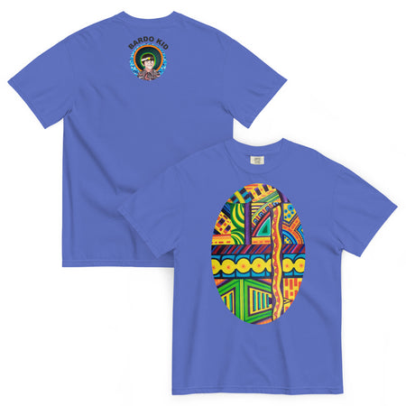 a light blue t-shirt with a vibrant, psychedelic multicolored tubular design contained within an oval shape.