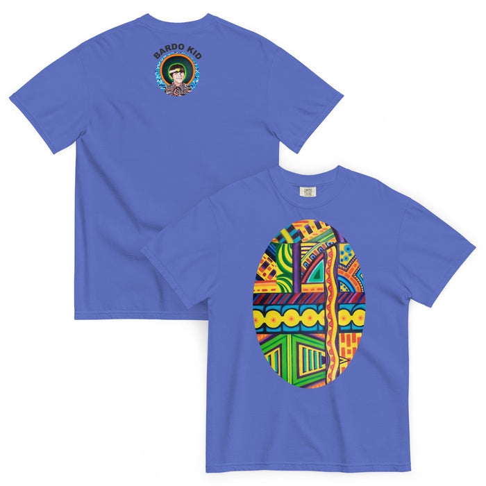 a light blue t-shirt with a vibrant, psychedelic multicolored tubular design contained within an oval shape.