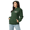 Person wearing a green hoodie with colorful bardo kid logo of young bots face design on a white background