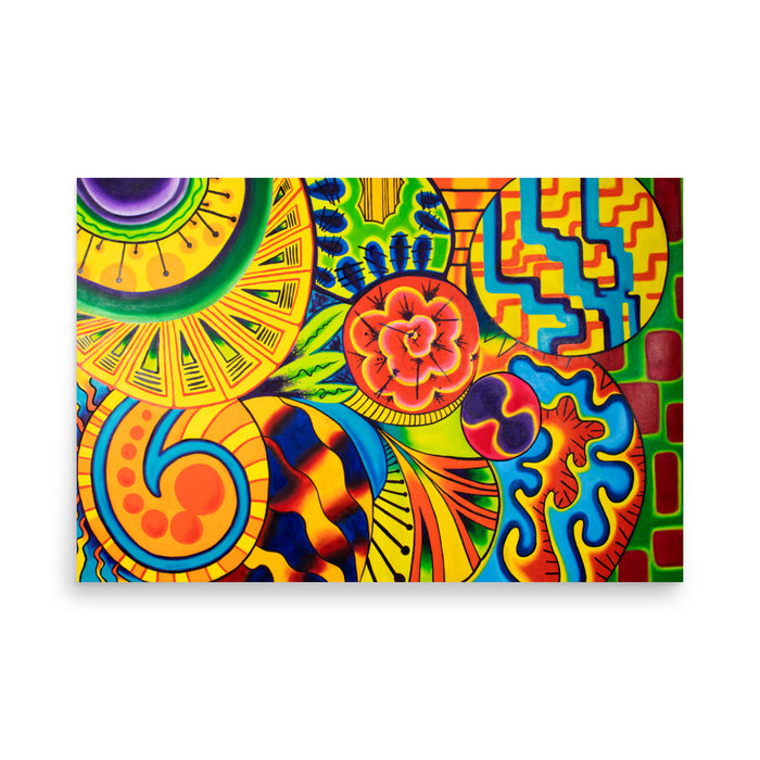 A flowing, bright, multicolored geometric visionary art oil painting using curvy shapes and circles.