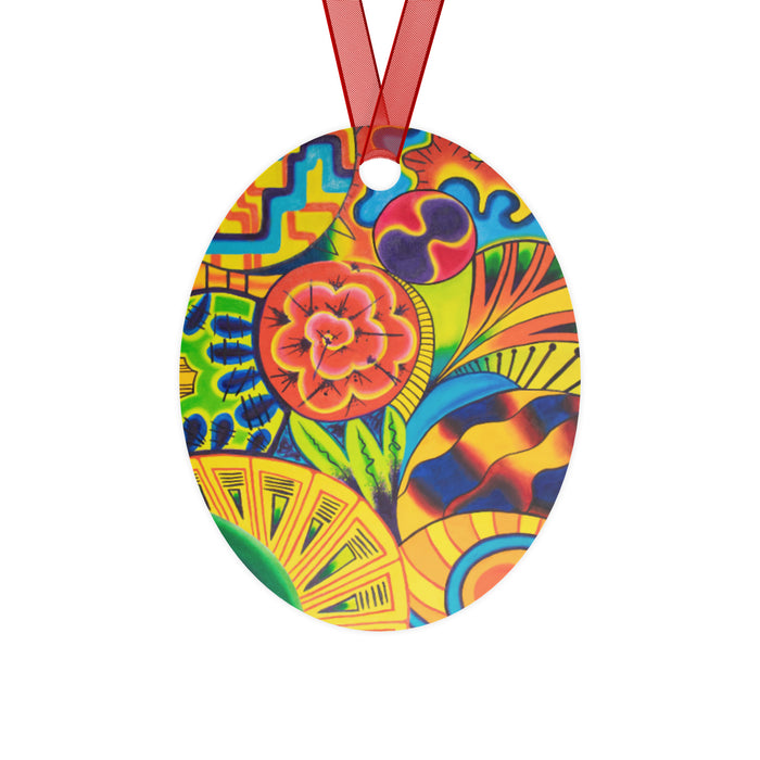 oval holiday ornament featuring psychedelic, geometric art