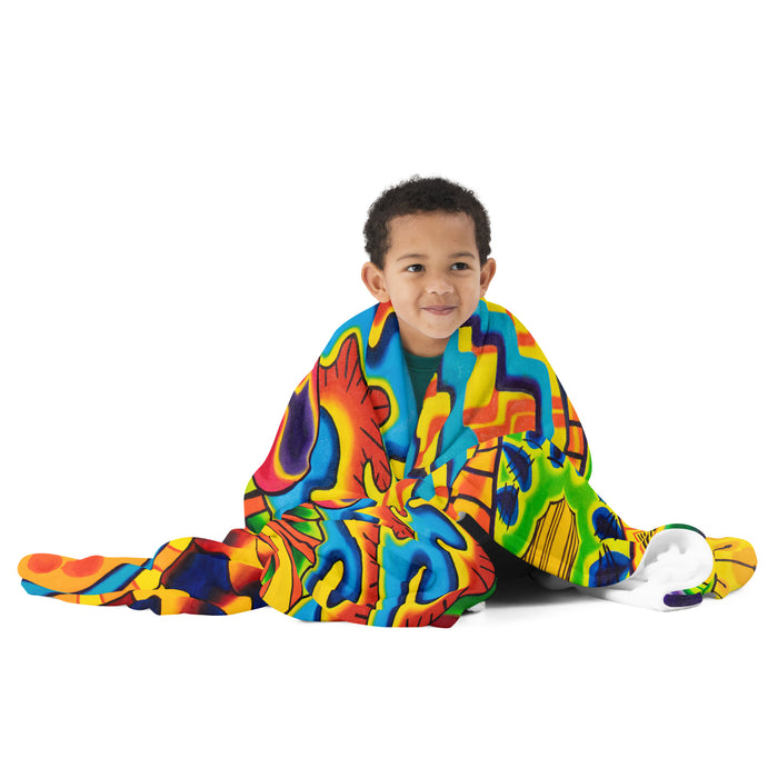 throw blanket with multicolored abstract, geometric imagery