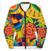 a zip up bomber jacket featuring a multi-color all over psychedelic print of geometric shapes