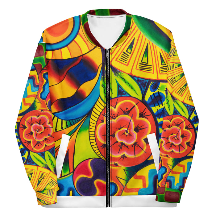a zip up bomber jacket featuring a multi-color all over psychedelic print of geometric shapes