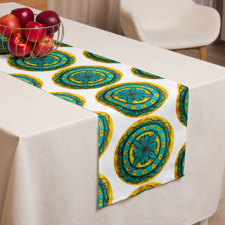 table runner with a colorful, rustic ,abstract, repeating  circle design in turquoise, brown, and yellow
