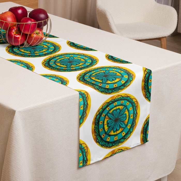 table runner with a colorful, rustic ,abstract, repeating  circle design in turquoise, brown, and yellow