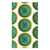 repeating circular floral artwork in turquoises, browns, and yellows on a hand towel