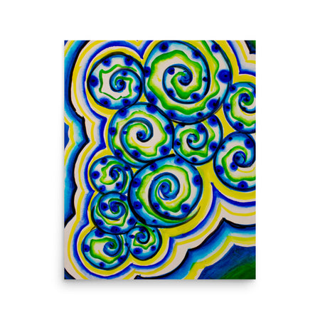 a watercolor painting with freehand swirls illustrated in vibrant blues with neon green and yellow highlights and spots