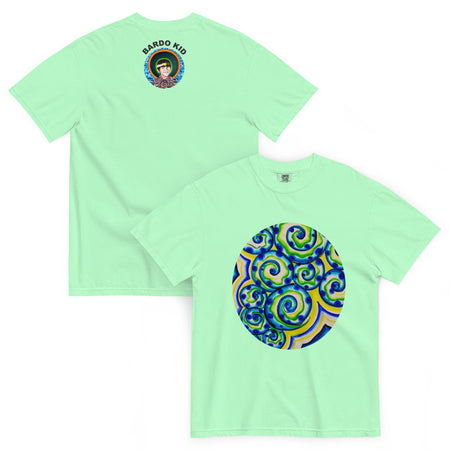 light chartreuse green t-shirt with a circular design of squiggly blue, green, and yellow circular designs