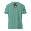 back of light green t-shirt showing bardo kid logo of a young boys smiling face ina  tibetan style