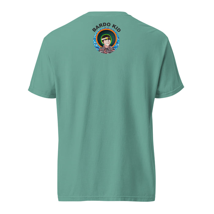 back of light green t-shirt showing bardo kid logo of a young boys smiling face ina  tibetan style