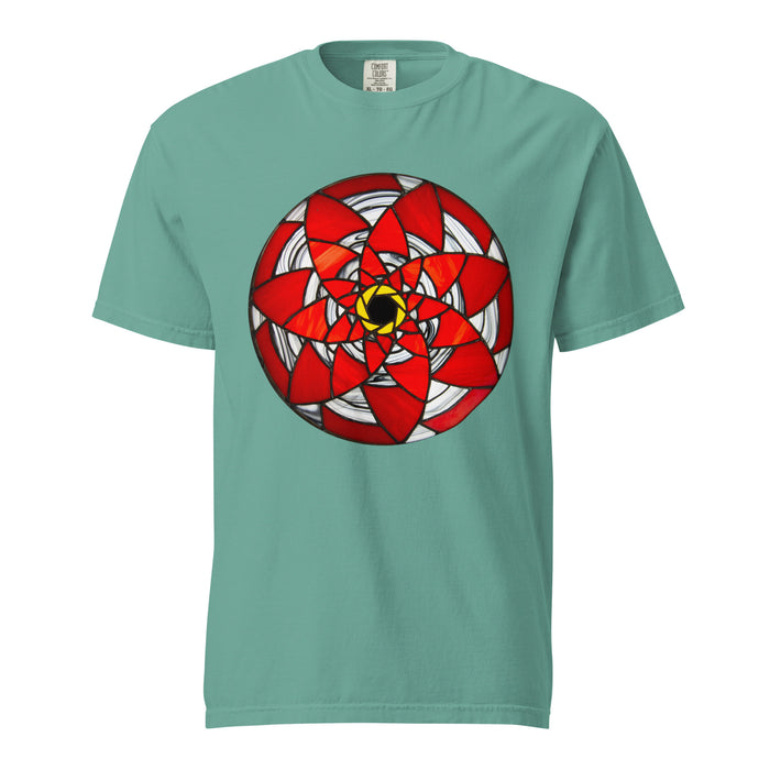 light green t-shirt with an circular stained glass mandala made with red triangles on the front and logo on back 