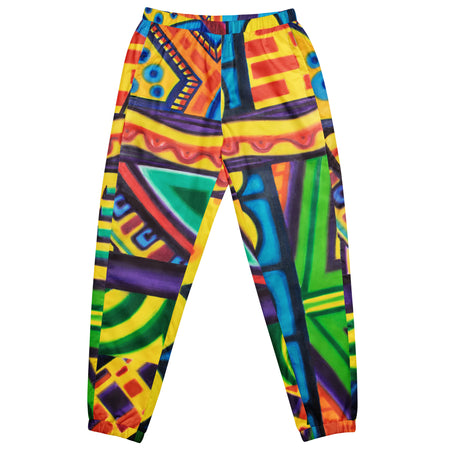 soft track pants with all over geometric abstract, psychedelic colorful designs.
