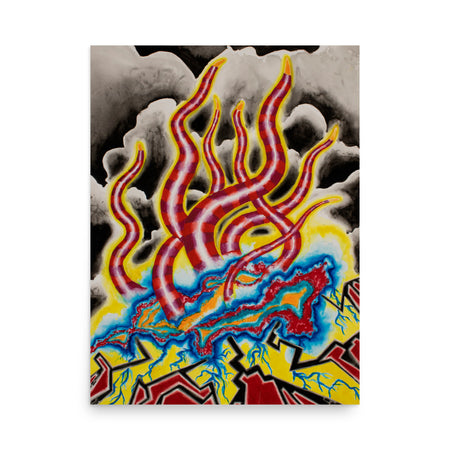 Red striped tentacles squiggle skyward rising from intense multi colored energy against a tumultuous cloudy background