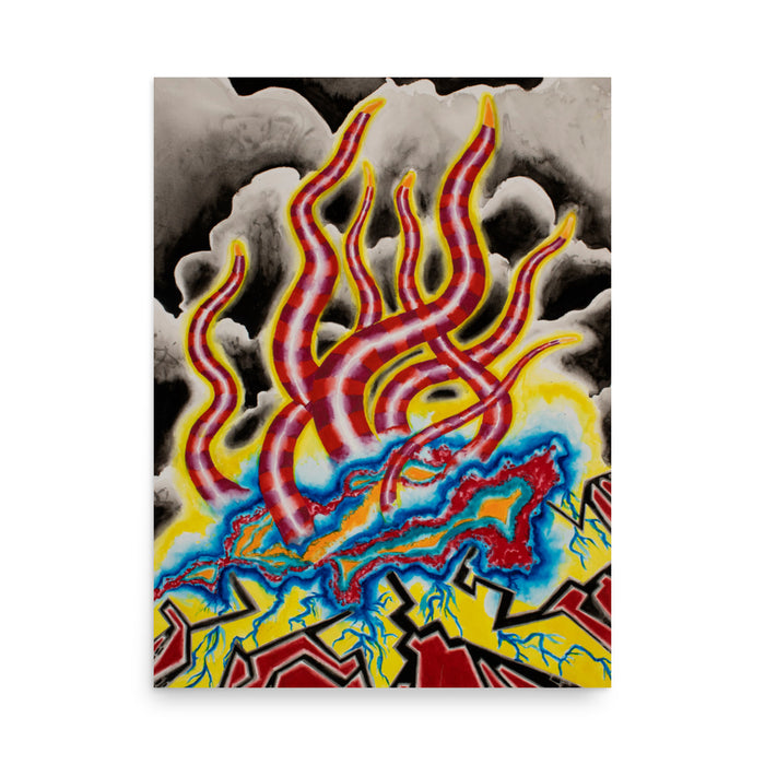 Red striped tentacles squiggle skyward rising from intense multi colored energy against a tumultuous cloudy background
