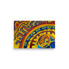 geometry based psychedelic painting in reds, blues, oranges, and yellows using circles and arcs