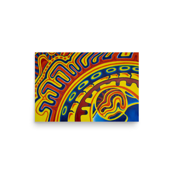 geometry based psychedelic painting in reds, blues, oranges, and yellows using circles and arcs