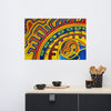 geometry based psychedelic painting in reds, blues, oranges, and yellows using circles and arcs on a kitchen wall