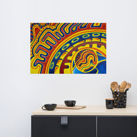 geometry based psychedelic painting in reds, blues, oranges, and yellows using circles and arcs on a kitchen wall