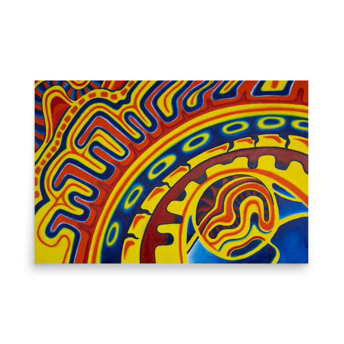 geometry based psychedelic painting in reds, blues, oranges, and yellows using circles and arcs