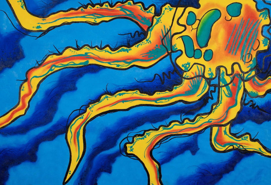 abstract, psychedelic, visionary painting in blue, red, and yellow fusing oil painting, aboriginal, and graffiti art styles