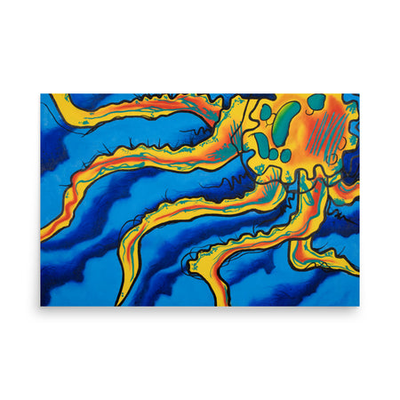 a rectangular oil painting depicting an undulating octopus type organism in bright yellow, orange, and teal in fron of an electric blue background
