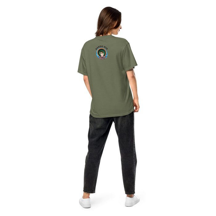 girl wearing a moss green t-shirt with image of artichoke radiating psychedelic bands of color with bardo kid logo on the back