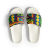 mens slide sandals with a multicolored abstract art design.