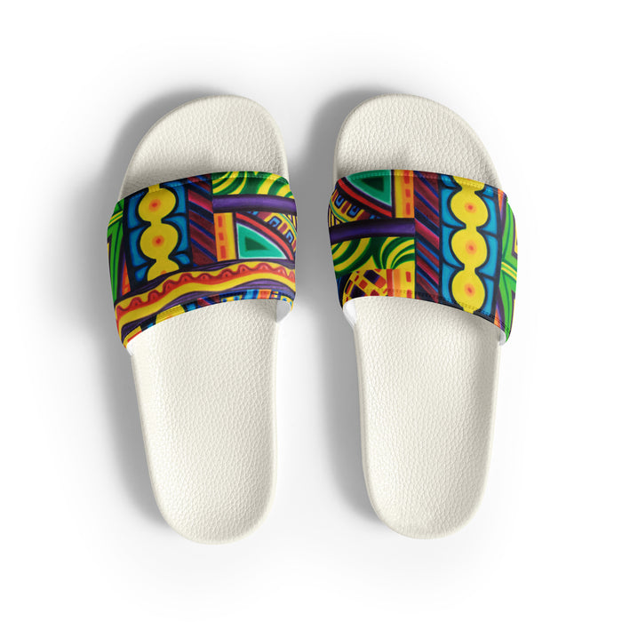 mens slide sandals with a multicolored abstract art design.