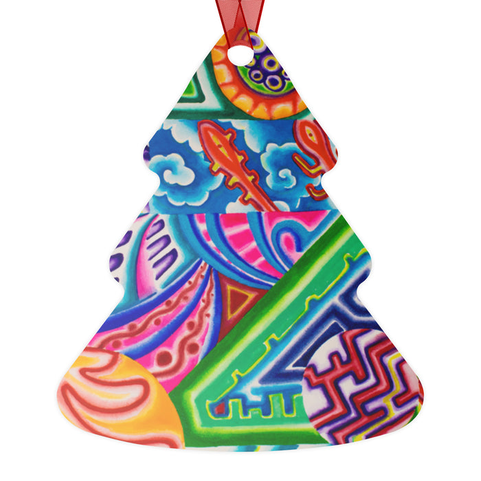 tree shaped ceramic ornament with psychedelic geometric art